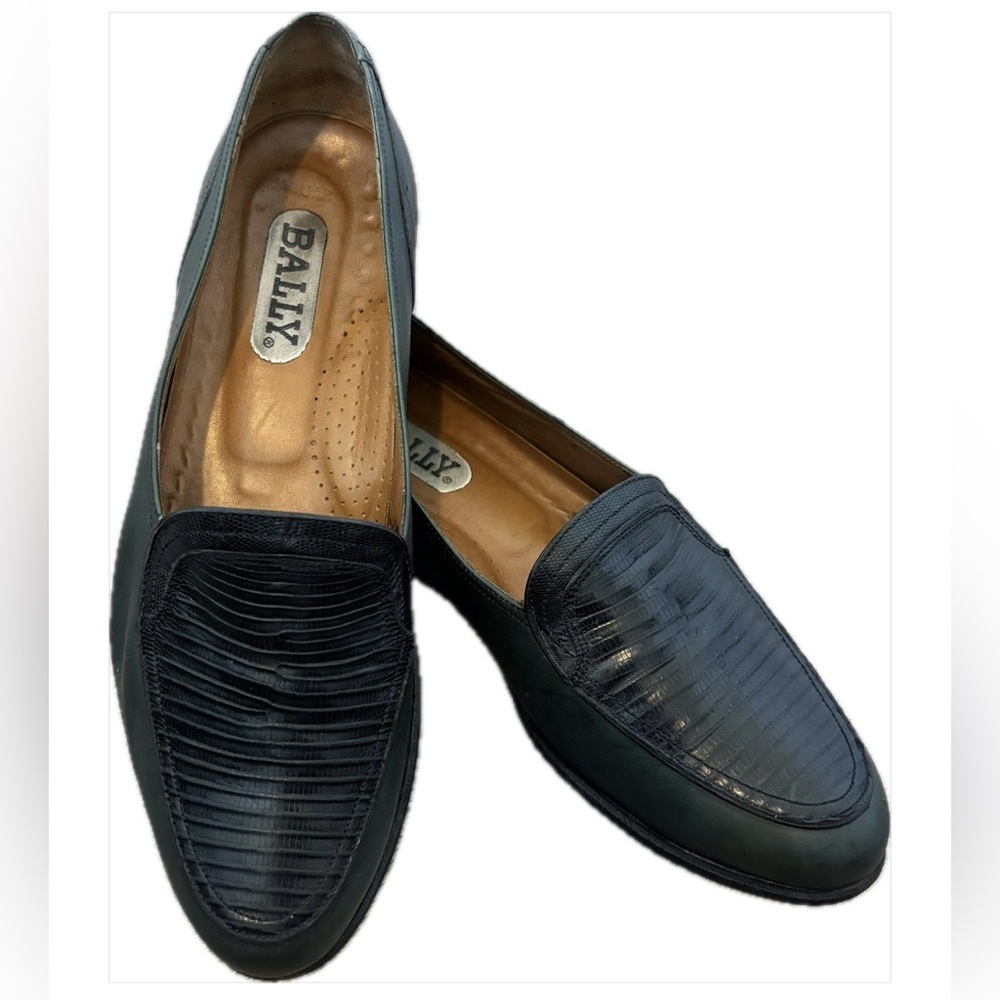 Bally Jaguar Green Leather Slip On Loafers with Reptile Pattern Vamp, Old Money